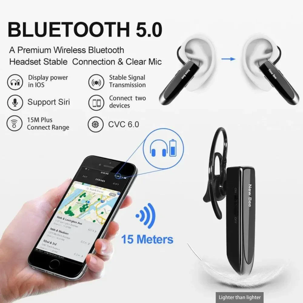 NIB - Get 2 NEW BEE Bluetooth Hands Free Driving/Work Headsets with Microphone